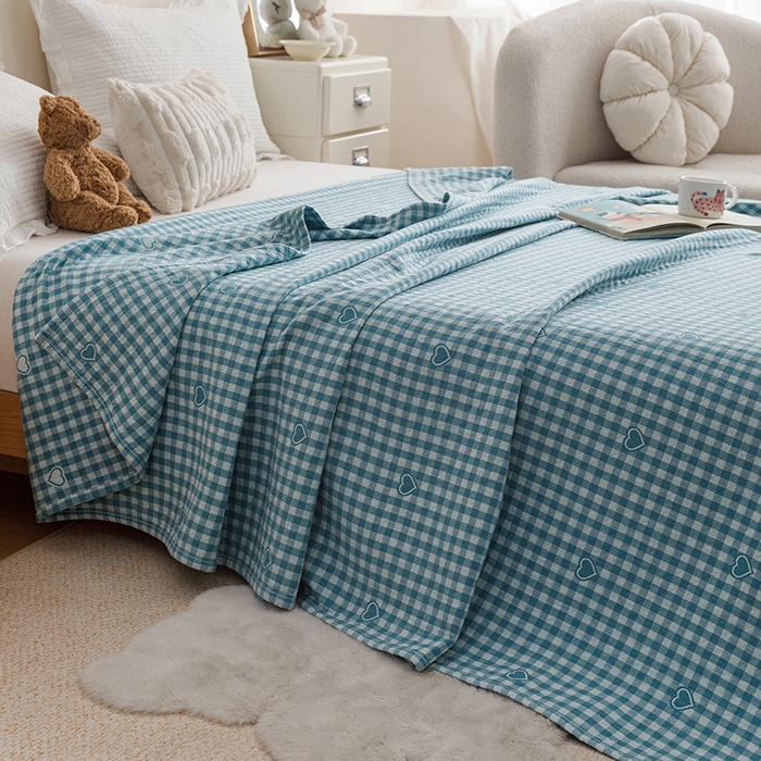 91家纺网 家纺一手货源 找家纺 悦然毛巾被 2026新款色织水洗棉盖毯安心棉床盖全棉纱布毛巾被夏被夏凉被空调被 蓝格心语