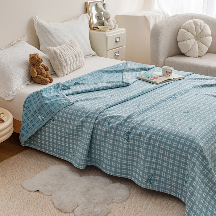 91家纺网 家纺一手货源 找家纺 悦然毛巾被 2026新款色织水洗棉盖毯安心棉床盖全棉纱布毛巾被夏被夏凉被空调被 蓝格小狗