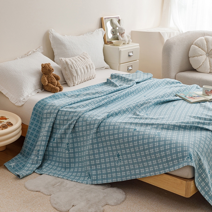 91家纺网 家纺一手货源 找家纺 悦然毛巾被 2026新款色织水洗棉盖毯安心棉床盖全棉纱布毛巾被夏被夏凉被空调被 蓝格小狗