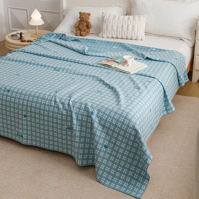 91家纺网 家纺一手货源 找家纺 悦然毛巾被 2026新款色织水洗棉盖毯安心棉床盖全棉纱布毛巾被夏被夏凉被空调被 蓝格小狗