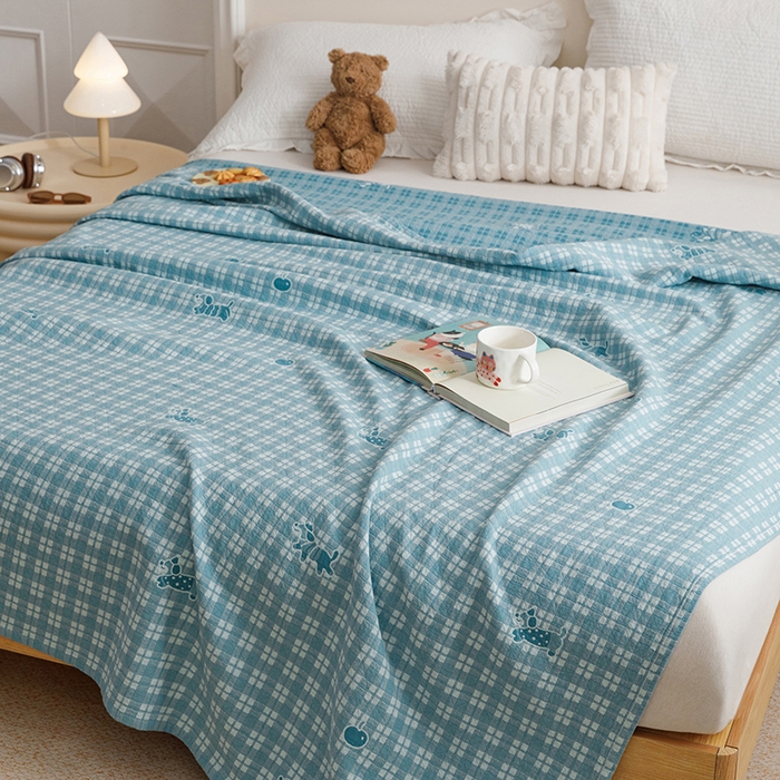 91家纺网 家纺一手货源 找家纺 悦然毛巾被 2026新款色织水洗棉盖毯安心棉床盖全棉纱布毛巾被夏被夏凉被空调被 蓝格小狗