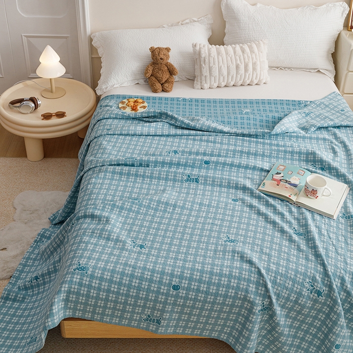 91家纺网 家纺一手货源 找家纺 悦然毛巾被 2026新款色织水洗棉盖毯安心棉床盖全棉纱布毛巾被夏被夏凉被空调被 蓝格小狗