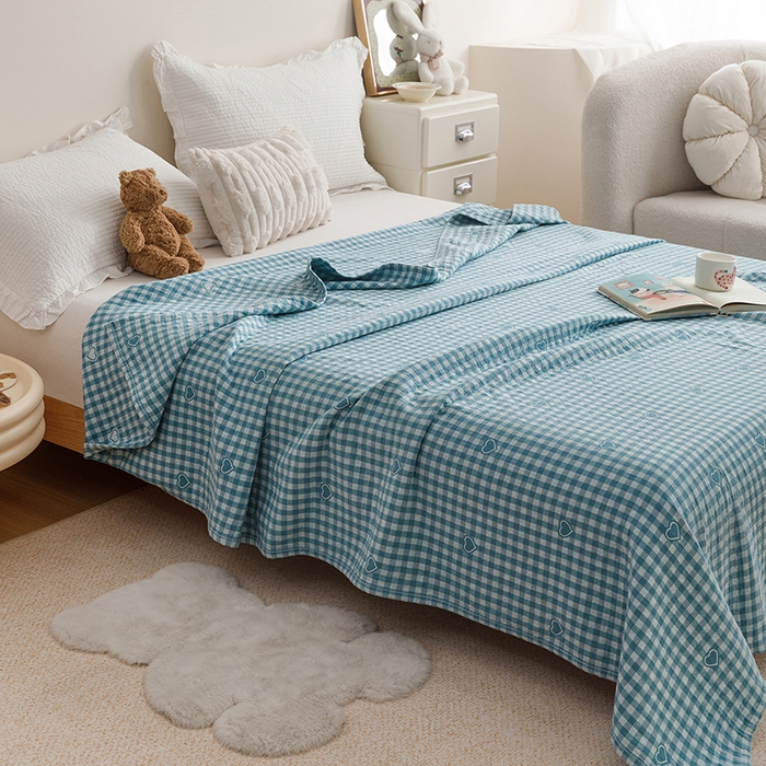 91家纺网 家纺一手货源 找家纺 悦然毛巾被 2026新款色织水洗棉盖毯安心棉床盖全棉纱布毛巾被夏被夏凉被空调被 蓝格心语