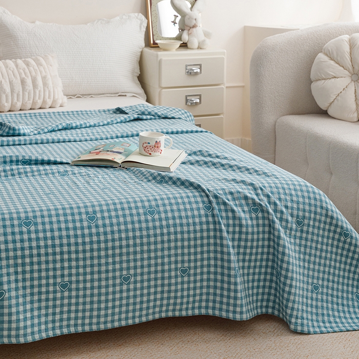 91家纺网 家纺一手货源 找家纺 悦然毛巾被 2026新款色织水洗棉盖毯安心棉床盖全棉纱布毛巾被夏被夏凉被空调被 蓝格心语