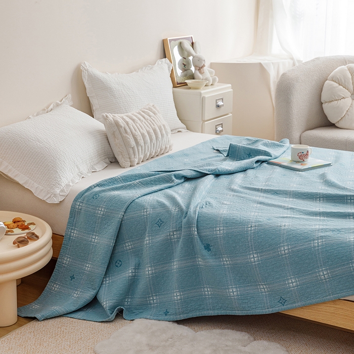 91家纺网 家纺一手货源 找家纺 悦然毛巾被 2026新款色织水洗棉盖毯安心棉床盖全棉纱布毛巾被夏被夏凉被空调被 蓝格星芒