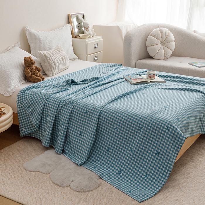 91家纺网 家纺一手货源 找家纺 悦然毛巾被 2026新款色织水洗棉盖毯安心棉床盖全棉纱布毛巾被夏被夏凉被空调被 蓝格心语