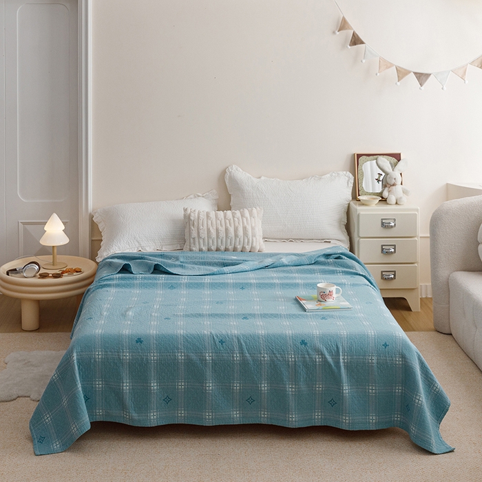 91家纺网 家纺一手货源 找家纺 悦然毛巾被 2026新款色织水洗棉盖毯安心棉床盖全棉纱布毛巾被夏被夏凉被空调被 蓝格星芒