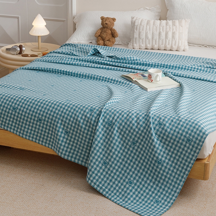 91家纺网 家纺一手货源 找家纺 悦然毛巾被 2026新款色织水洗棉盖毯安心棉床盖全棉纱布毛巾被夏被夏凉被空调被 蓝格心语