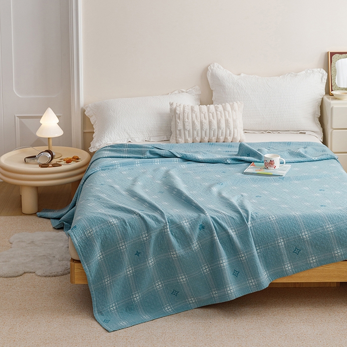 91家纺网 家纺一手货源 找家纺 悦然毛巾被 2026新款色织水洗棉盖毯安心棉床盖全棉纱布毛巾被夏被夏凉被空调被 蓝格星芒