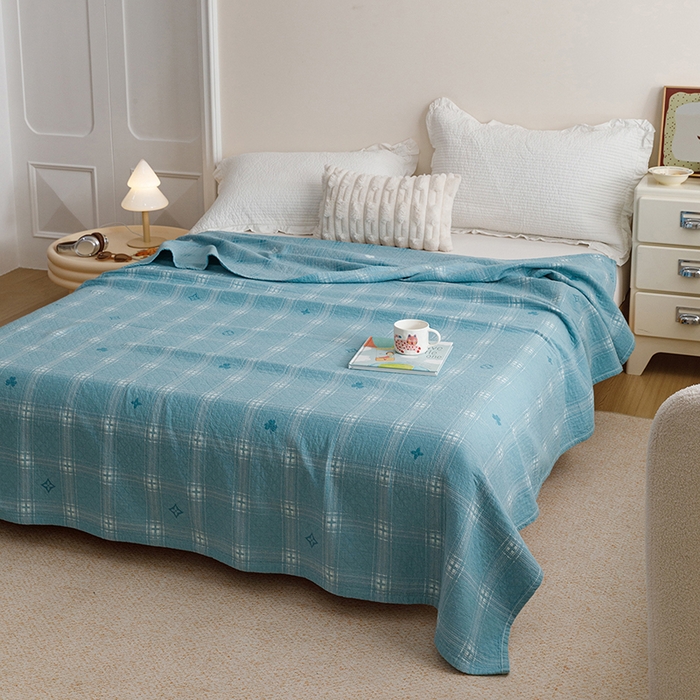 91家纺网 家纺一手货源 找家纺 悦然毛巾被 2026新款色织水洗棉盖毯安心棉床盖全棉纱布毛巾被夏被夏凉被空调被 蓝格星芒