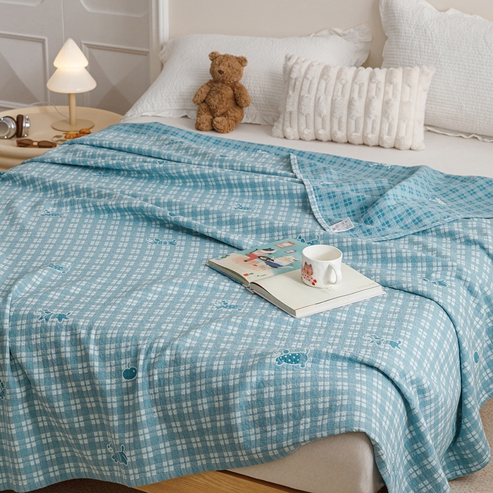 91家纺网 家纺一手货源 找家纺 悦然毛巾被 2026新款色织水洗棉盖毯安心棉床盖全棉纱布毛巾被夏被夏凉被空调被 蓝格小狗