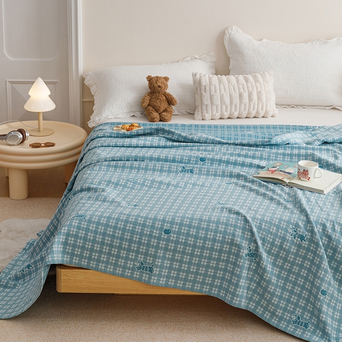 91家纺网 家纺一手货源 找家纺 悦然毛巾被 2026新款色织水洗棉盖毯安心棉床盖全棉纱布毛巾被夏被夏凉被空调被 蓝格小狗