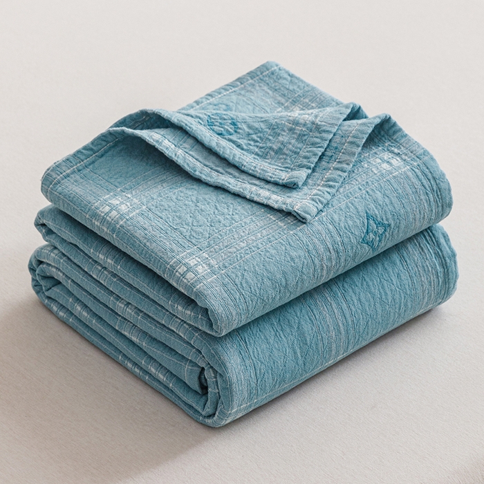 悦然毛巾被 2026新款色织水洗棉盖毯安心棉床盖全棉纱布毛巾被夏被夏凉被空调被 蓝格星芒
