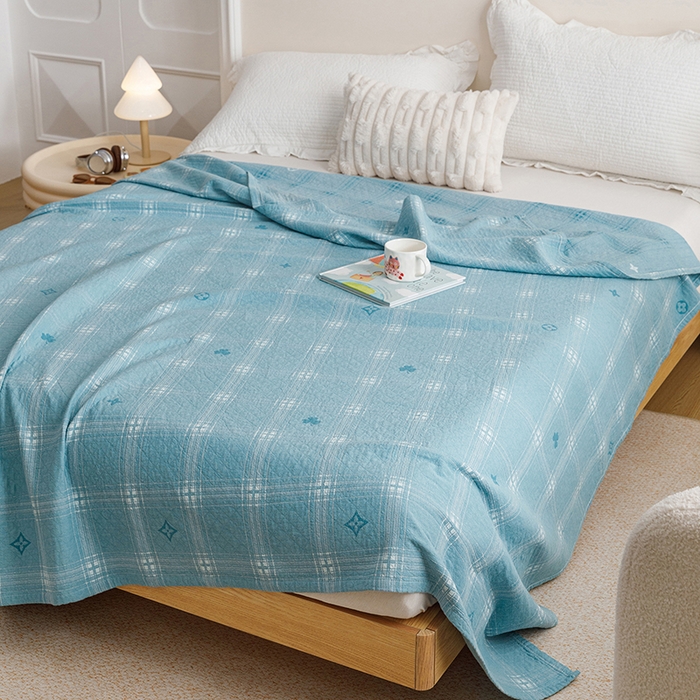 91家纺网 家纺一手货源 找家纺 悦然毛巾被 2026新款色织水洗棉盖毯安心棉床盖全棉纱布毛巾被夏被夏凉被空调被 蓝格星芒