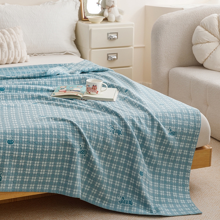 91家纺网 家纺一手货源 找家纺 悦然毛巾被 2026新款色织水洗棉盖毯安心棉床盖全棉纱布毛巾被夏被夏凉被空调被 蓝格小狗