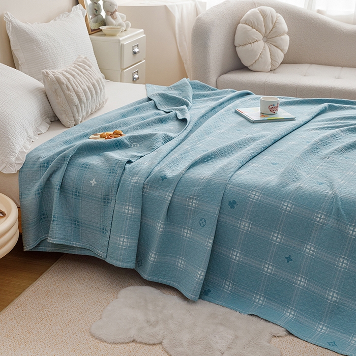 91家纺网 家纺一手货源 找家纺 悦然毛巾被 2026新款色织水洗棉盖毯安心棉床盖全棉纱布毛巾被夏被夏凉被空调被 蓝格星芒