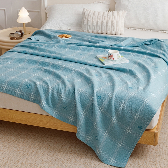 91家纺网 家纺一手货源 找家纺 悦然毛巾被 2026新款色织水洗棉盖毯安心棉床盖全棉纱布毛巾被夏被夏凉被空调被 蓝格星芒