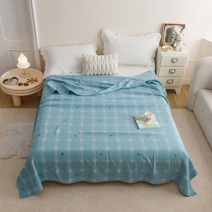 91家纺网 家纺一手货源 找家纺 悦然毛巾被 2026新款色织水洗棉盖毯安心棉床盖全棉纱布毛巾被夏被夏凉被空调被 蓝格星芒