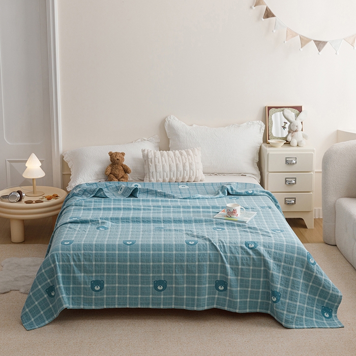 91家纺网 家纺一手货源 找家纺 悦然毛巾被 2026新款色织水洗棉盖毯安心棉床盖全棉纱布毛巾被夏被夏凉被空调被 蓝格熊语