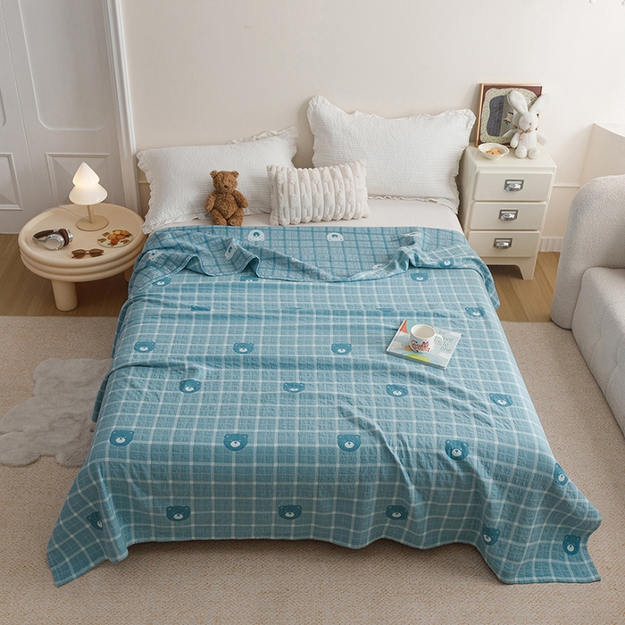 91家纺网 家纺一手货源 找家纺 悦然毛巾被 2026新款色织水洗棉盖毯安心棉床盖全棉纱布毛巾被夏被夏凉被空调被 蓝格熊语