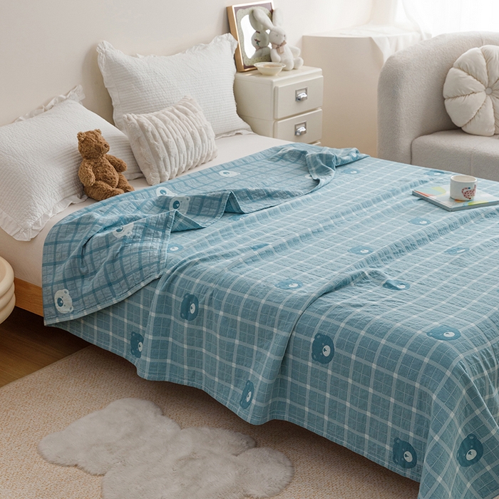 91家纺网 家纺一手货源 找家纺 悦然毛巾被 2026新款色织水洗棉盖毯安心棉床盖全棉纱布毛巾被夏被夏凉被空调被 蓝格熊语