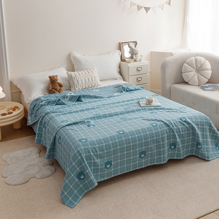 91家纺网 家纺一手货源 找家纺 悦然毛巾被 2026新款色织水洗棉盖毯安心棉床盖全棉纱布毛巾被夏被夏凉被空调被 蓝格熊语