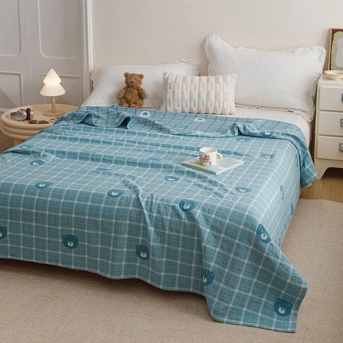 91家纺网 家纺一手货源 找家纺 悦然毛巾被 2026新款色织水洗棉盖毯安心棉床盖全棉纱布毛巾被夏被夏凉被空调被 蓝格熊语