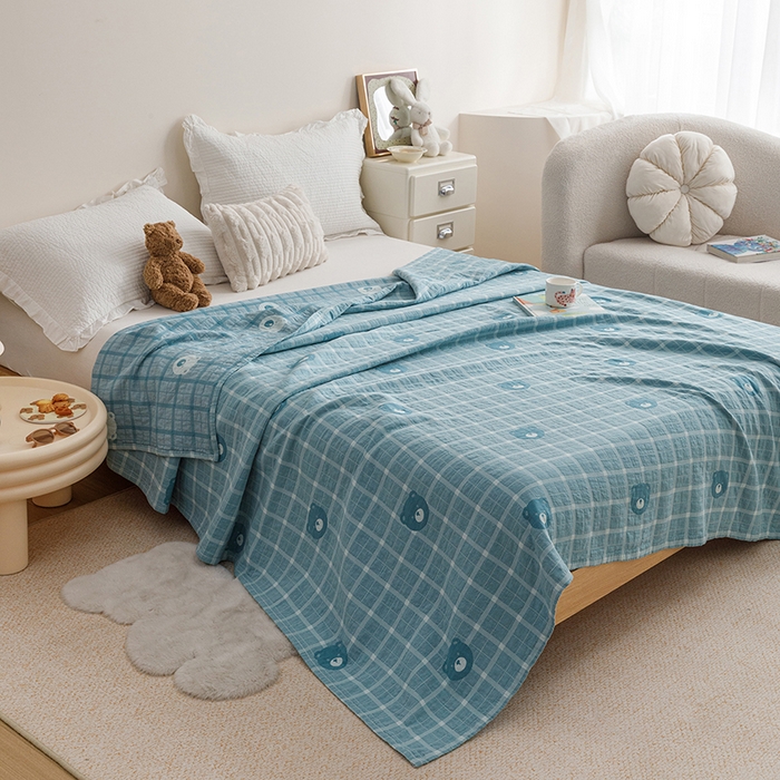 91家纺网 家纺一手货源 找家纺 悦然毛巾被 2026新款色织水洗棉盖毯安心棉床盖全棉纱布毛巾被夏被夏凉被空调被 蓝格熊语