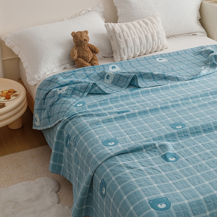 91家纺网 家纺一手货源 找家纺 悦然毛巾被 2026新款色织水洗棉盖毯安心棉床盖全棉纱布毛巾被夏被夏凉被空调被 蓝格熊语