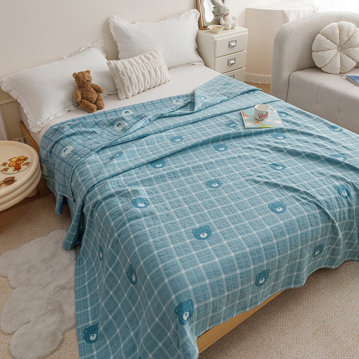 91家纺网 家纺一手货源 找家纺 悦然毛巾被 2026新款色织水洗棉盖毯安心棉床盖全棉纱布毛巾被夏被夏凉被空调被 蓝格熊语