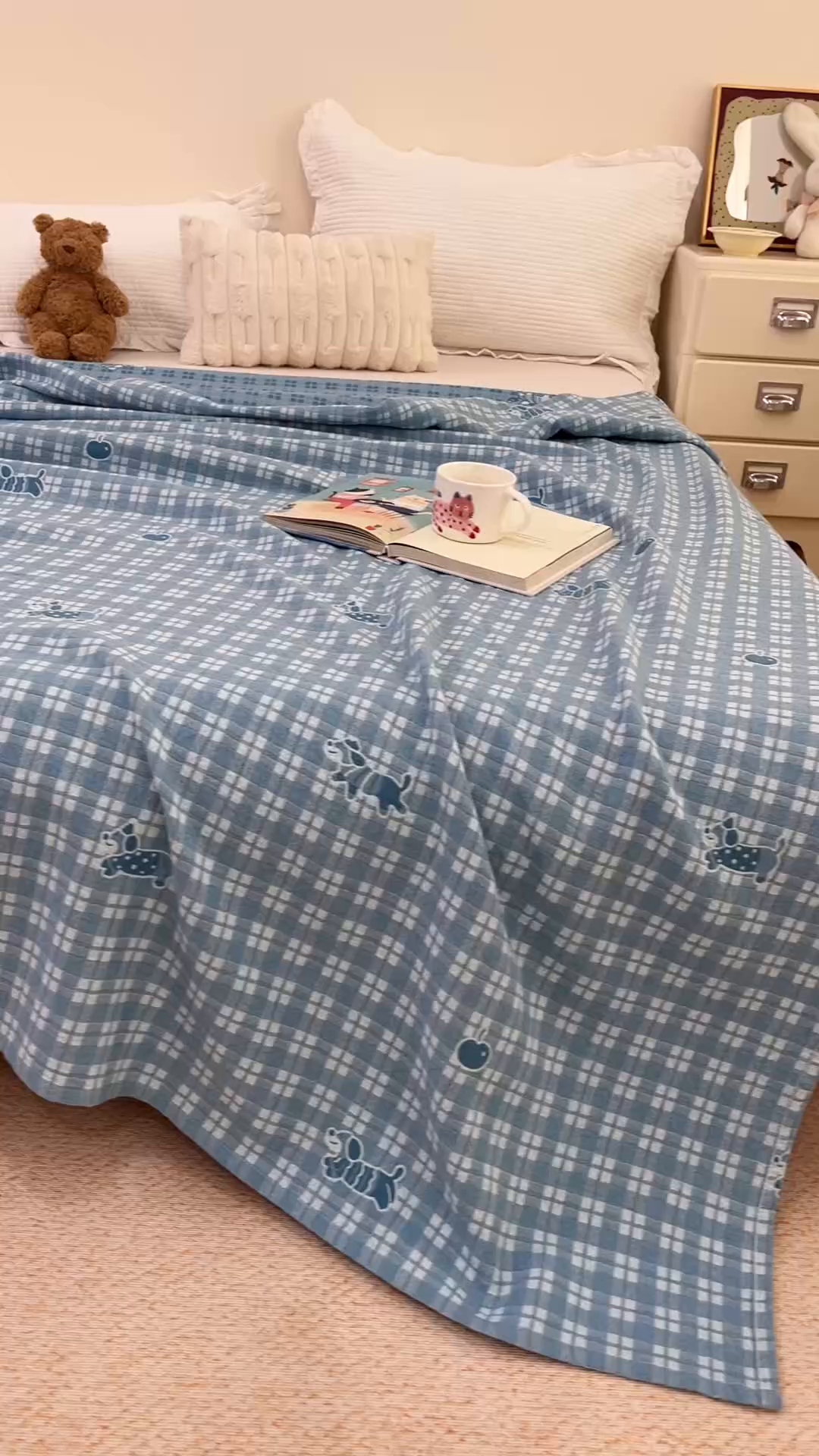 91家纺网 家纺一手货源 找家纺 悦然毛巾被 2026新款色织水洗棉盖毯安心棉床盖全棉纱布毛巾被夏被夏凉被空调被 蓝格小狗