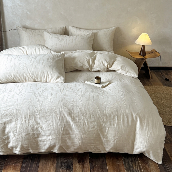 91家纺网 家纺一手货源 找家纺 乐家毛巾被（工厂自产自销） 2026新款棉麻提花四件套 棉麻-叶影