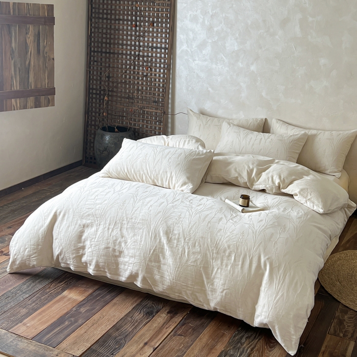 91家纺网 家纺一手货源 找家纺 乐家毛巾被（工厂自产自销） 2026新款棉麻提花四件套 棉麻-叶影