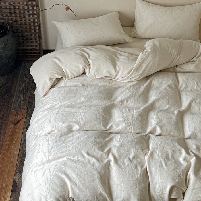 91家纺网 家纺一手货源 找家纺 乐家毛巾被（工厂自产自销） 2026新款棉麻提花四件套 棉麻-叶影