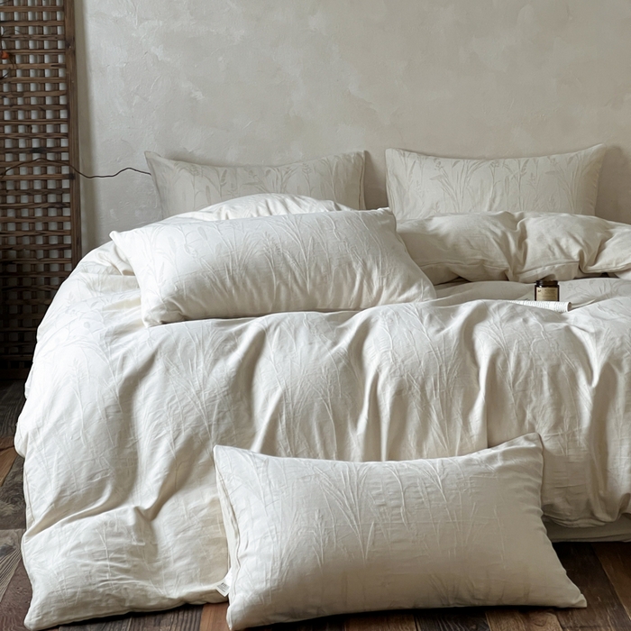 91家纺网 家纺一手货源 找家纺 乐家毛巾被（工厂自产自销） 2026新款棉麻提花四件套 棉麻-叶影