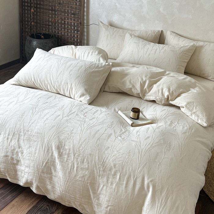 91家纺网 家纺一手货源 找家纺 乐家毛巾被（工厂自产自销） 2026新款棉麻提花四件套 棉麻-叶影