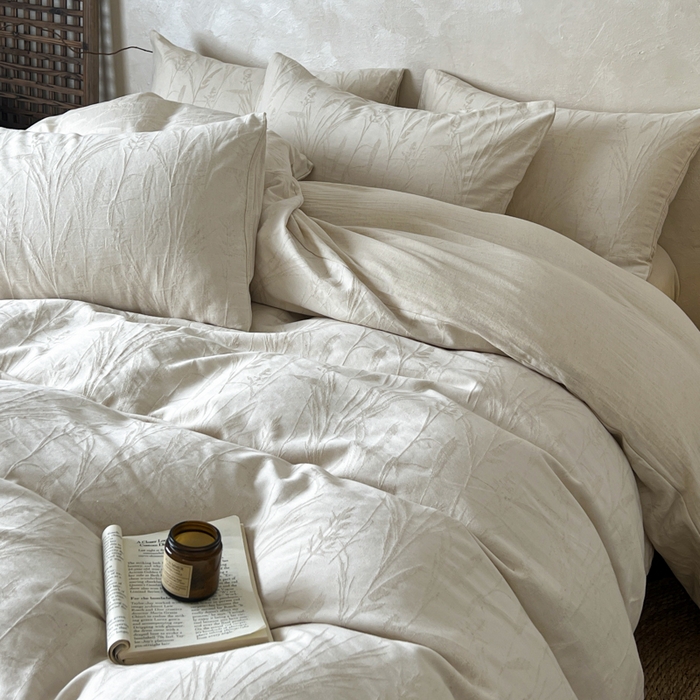 91家纺网 家纺一手货源 找家纺 乐家毛巾被（工厂自产自销） 2026新款棉麻提花四件套 棉麻-叶影