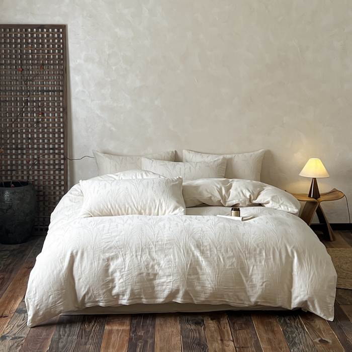 91家纺网 家纺一手货源 找家纺 乐家毛巾被（工厂自产自销） 2026新款棉麻提花四件套 棉麻-叶影