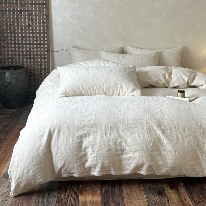 91家纺网 家纺一手货源 找家纺 乐家毛巾被（工厂自产自销） 2026新款棉麻提花四件套 棉麻-叶影