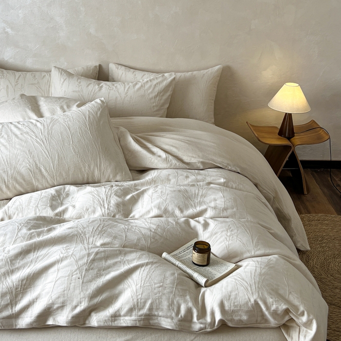 91家纺网 家纺一手货源 找家纺 乐家毛巾被（工厂自产自销） 2026新款棉麻提花四件套 棉麻-叶影