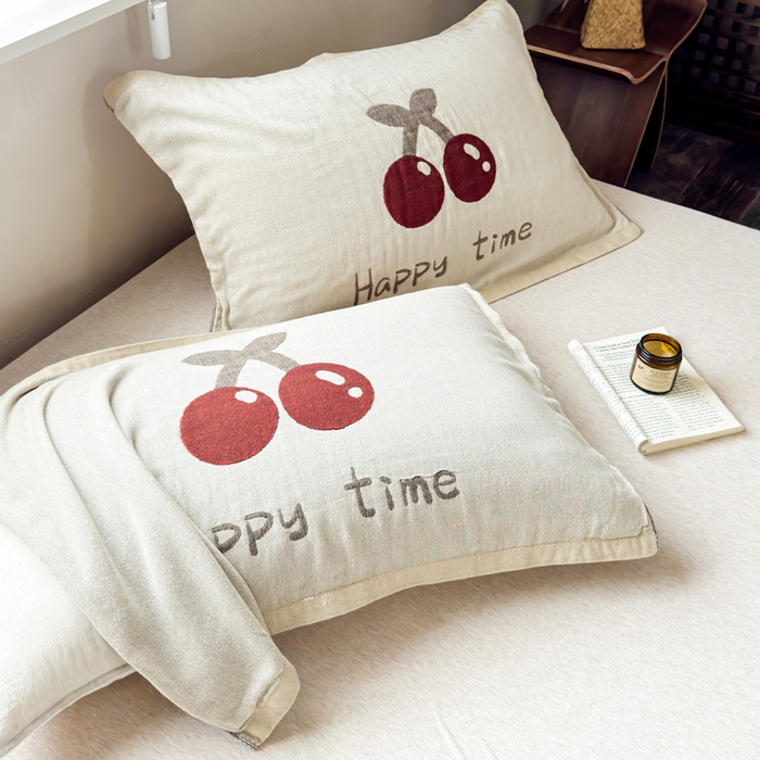 91家纺网 家纺一手货源 找家纺 乐家毛巾被（工厂自产自销） 2026新款全棉纯棉四层纱布枕巾 纯色樱桃