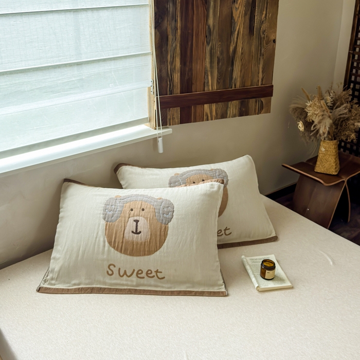 91家纺网 家纺一手货源 找家纺 乐家毛巾被（工厂自产自销） 2026新款全棉纯棉四层纱布枕巾 耳机小熊