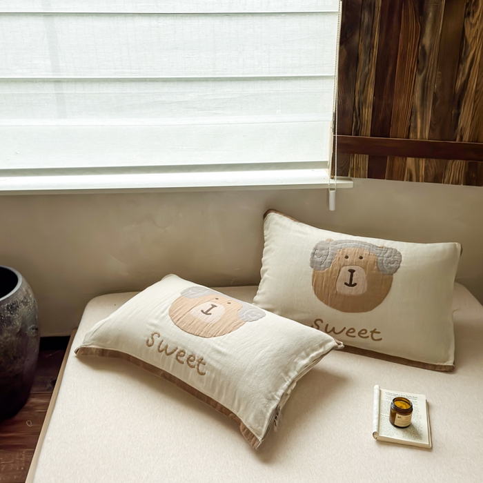 91家纺网 家纺一手货源 找家纺 乐家毛巾被（工厂自产自销） 2026新款全棉纯棉四层纱布枕巾 耳机小熊