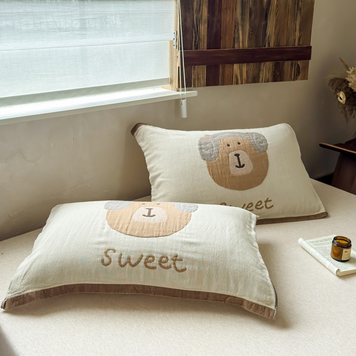 91家纺网 家纺一手货源 找家纺 乐家毛巾被（工厂自产自销） 2026新款全棉纯棉四层纱布枕巾 耳机小熊