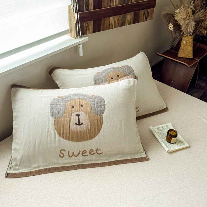 91家纺网 家纺一手货源 找家纺 乐家毛巾被（工厂自产自销） 2026新款全棉纯棉四层纱布枕巾 耳机小熊