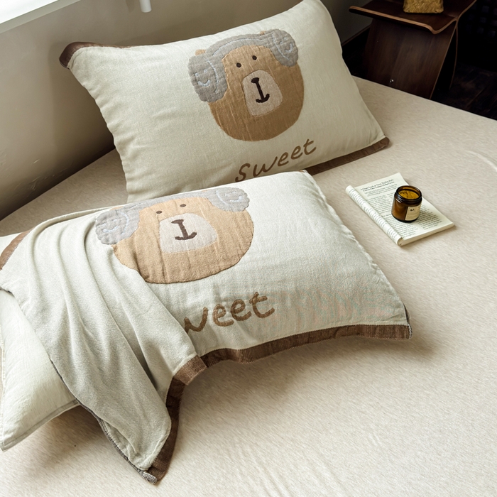 91家纺网 家纺一手货源 找家纺 乐家毛巾被（工厂自产自销） 2026新款全棉纯棉四层纱布枕巾 耳机小熊