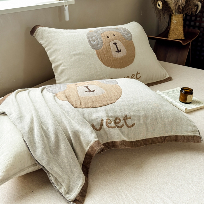 91家纺网 家纺一手货源 找家纺 乐家毛巾被（工厂自产自销） 2026新款全棉纯棉四层纱布枕巾 耳机小熊