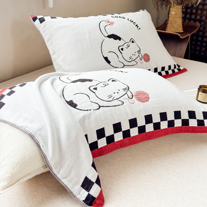 91家纺网 家纺一手货源 找家纺 乐家毛巾被（工厂自产自销） 2026新款全棉纯棉四层纱布枕巾 毛线小猫