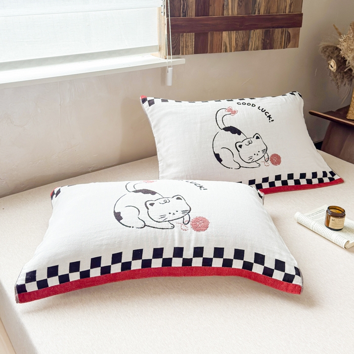 91家纺网 家纺一手货源 找家纺 乐家毛巾被（工厂自产自销） 2026新款全棉纯棉四层纱布枕巾 毛线小猫