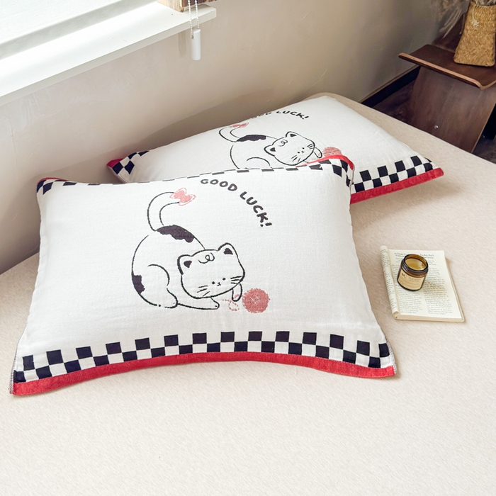 91家纺网 家纺一手货源 找家纺 乐家毛巾被（工厂自产自销） 2026新款全棉纯棉四层纱布枕巾 毛线小猫